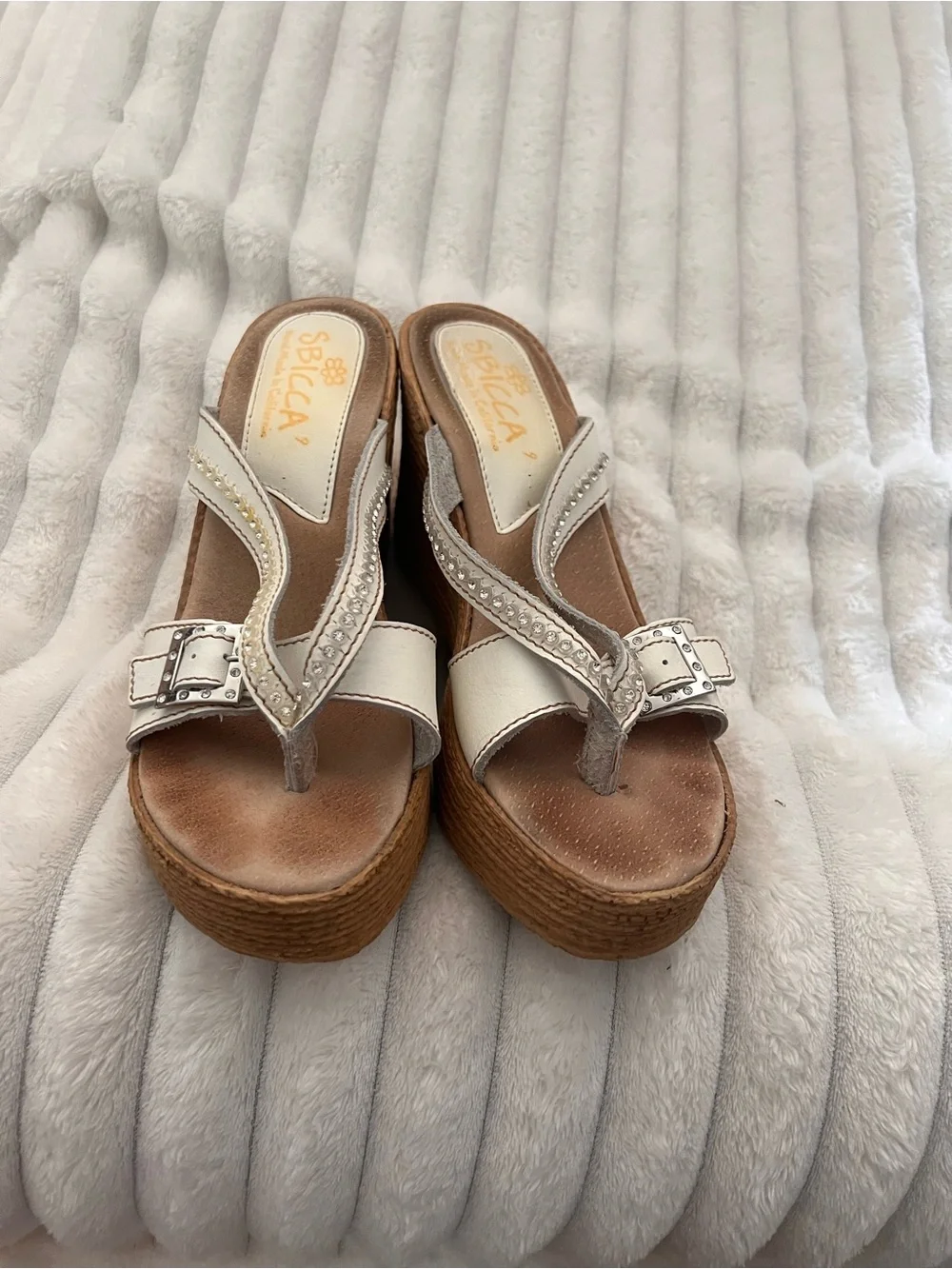 Sbicca White Wedge Sandals with Brown Cork-Look Platform and Rhinestone Detail